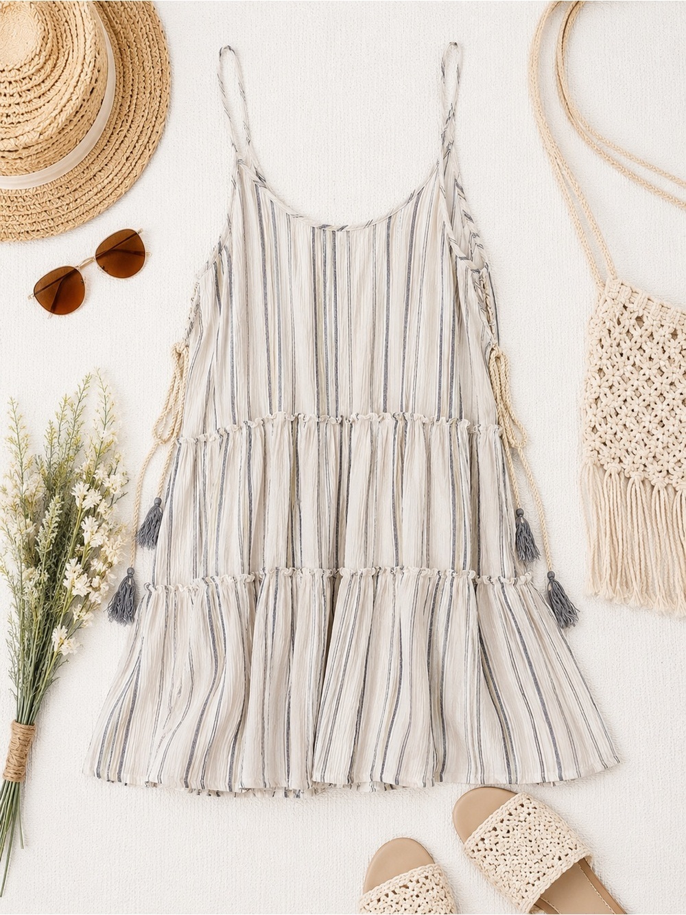 Kiwi + Punch Striped Tassel Babydoll Tank Top Size Large Boho Beachy
